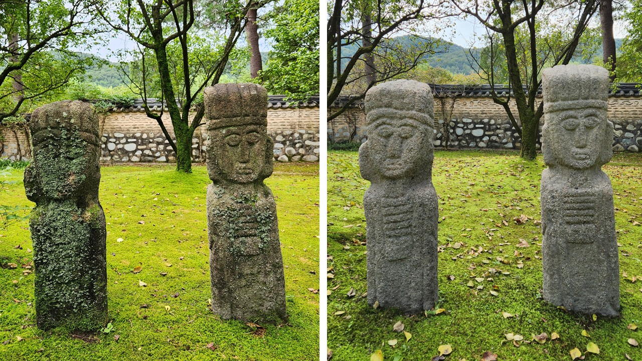 호암미술관 희원에 자리 잡고 있는 <벅수>라는 석조물 작품의 보존처리과정 전후 사진을 보여주고 있습니다.